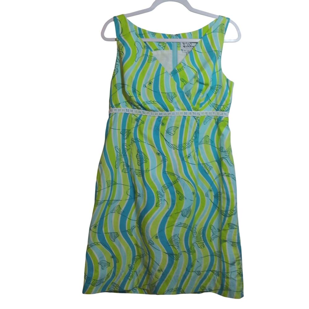 Lilly Pulitzer Makin' Waves Blue Green Fish Print Shift Dress Vintage Size 10